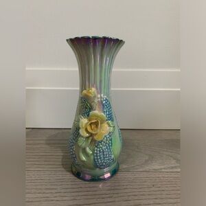 Vintage Rare Blue Opalescent iridescent pearescent Lusterware Floral Vase